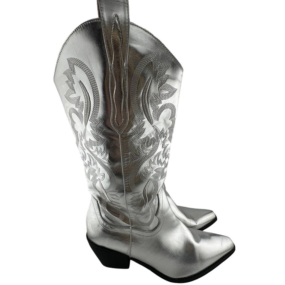 Silver Vegan Leather Embroidered Tall Cowboy Western Boots Size 9.5M
